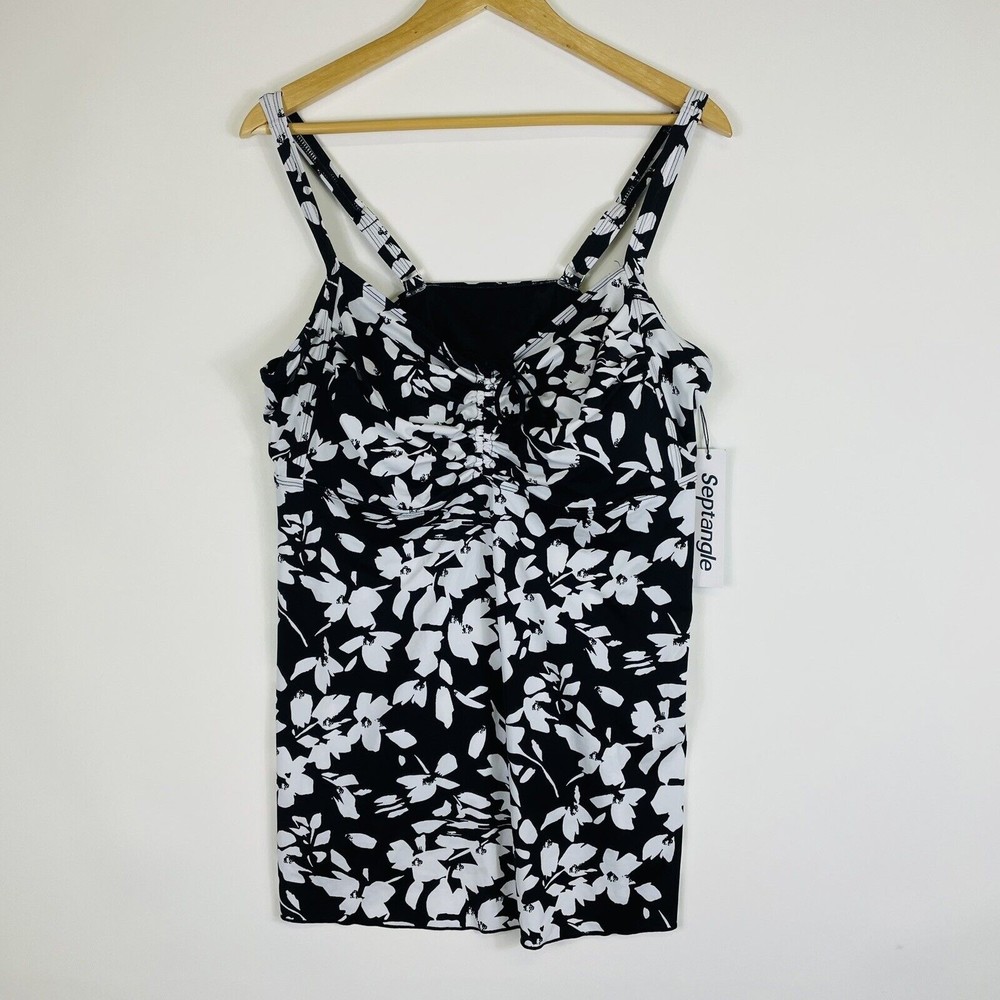 Septangle Black White Floral Ruched Front Swimsuit Swim Top Womens Sz 24 NEW NWT